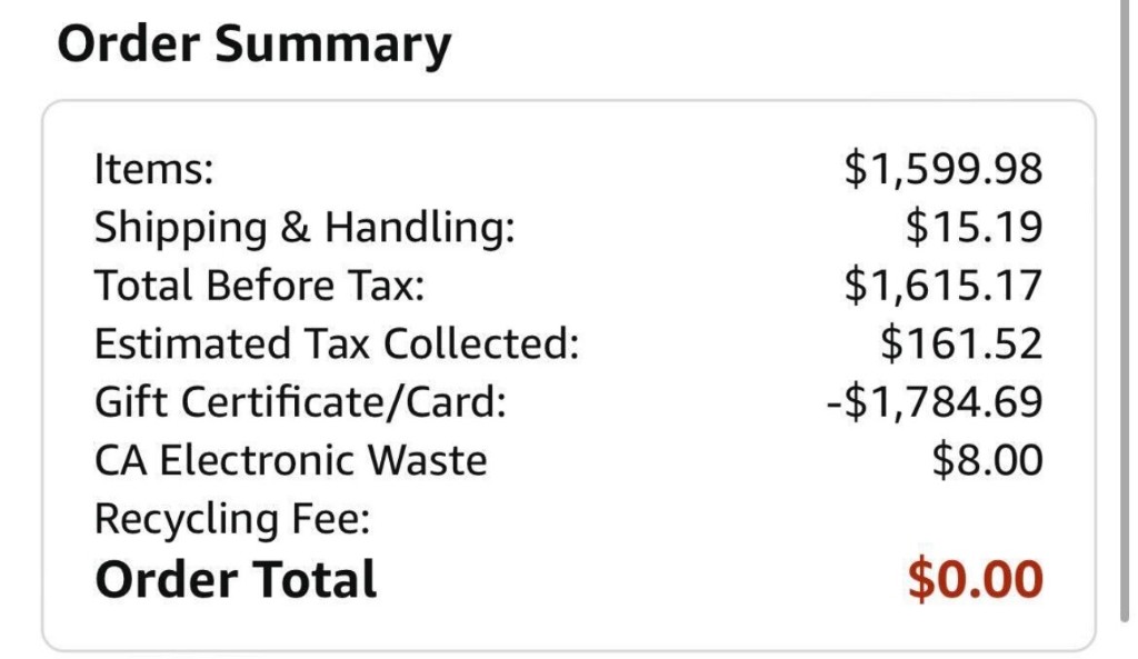 Amazon order total $0.00 after gift card