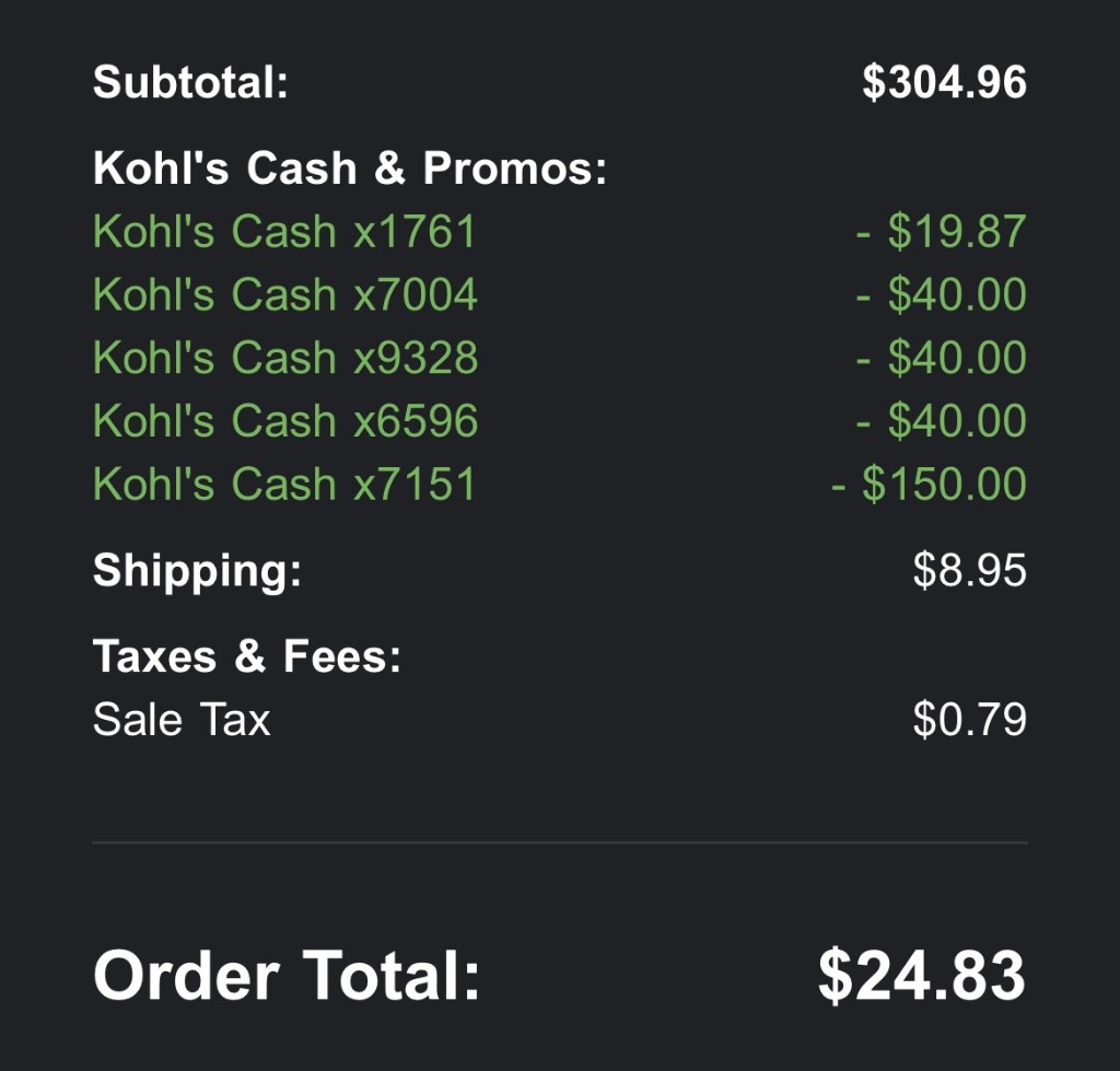 Kohl's order total $24.83 after Kohl's Cash stack